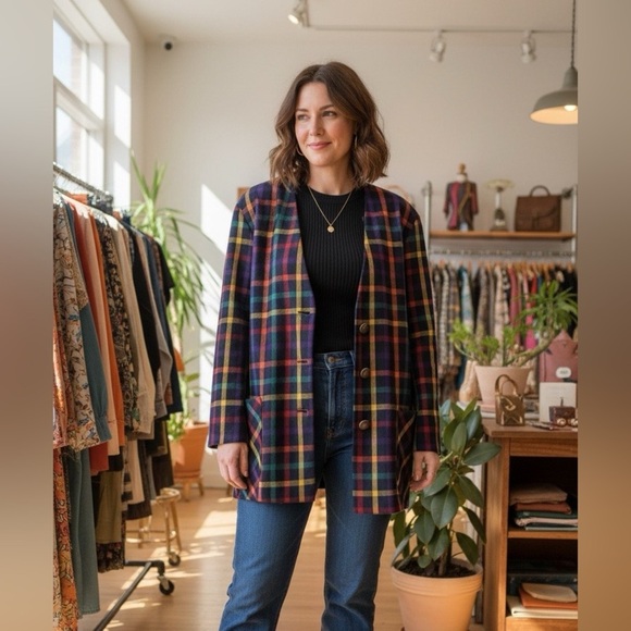 Camillia Jackets & Blazers - Vintage Camilia Plaid Lightweight Blazer With Pockets PTP 27”